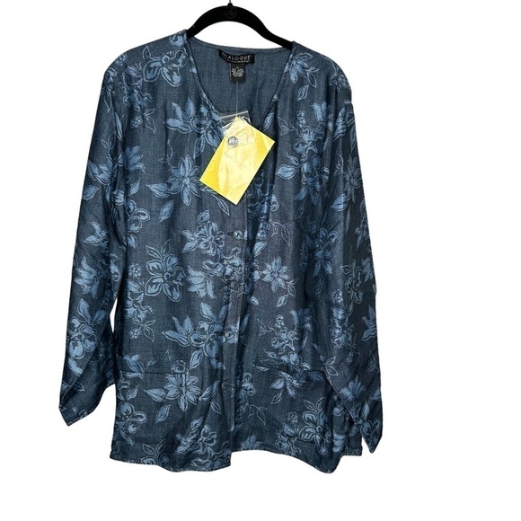 New Dialogue Women’s Linen Blend Floral  Jacket 1X Blue Button Front BNWT - Picture 1 of 3